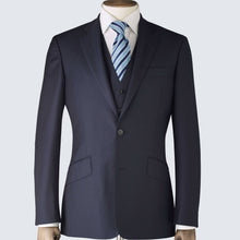 Load image into Gallery viewer, A navy blue three-piece suit with a jacket, waistcoat, and trousers, displayed on a mannequin.