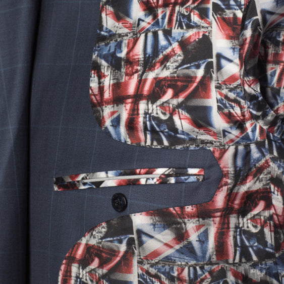Navy suit jacket with a patterned side panel featuring union jack flag design.