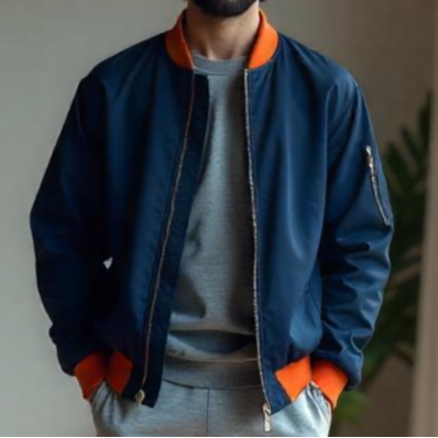 Blue bomber jacket with contrast orange collar and bottom