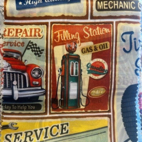 Lining with vintage-themed design featuring cars, gas pumps, and text.