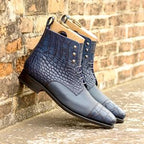Blue crocodile-patterned high boots 