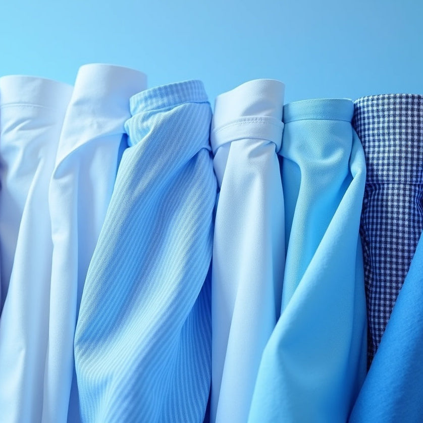Stack of blue shirts against a light blue background
