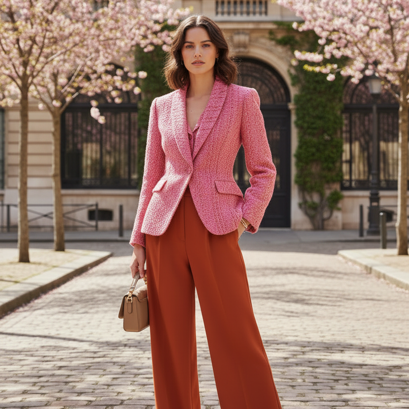 Female model in fitted pink boucle blazer and orange trousers outdoors