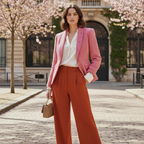 Female model in fitted pink boucle blazer with cream blouse and orange trousers