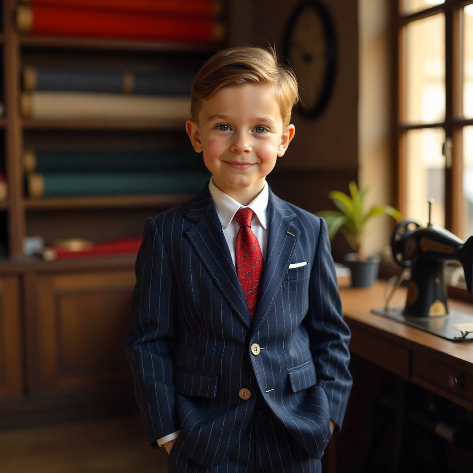 Young boy in a formal suit standing in a room with wool cloth and sewing machine 