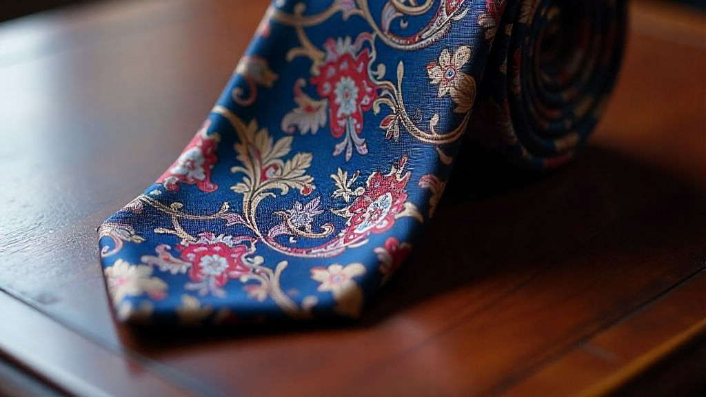 floral-patterned tie on a wooden surface