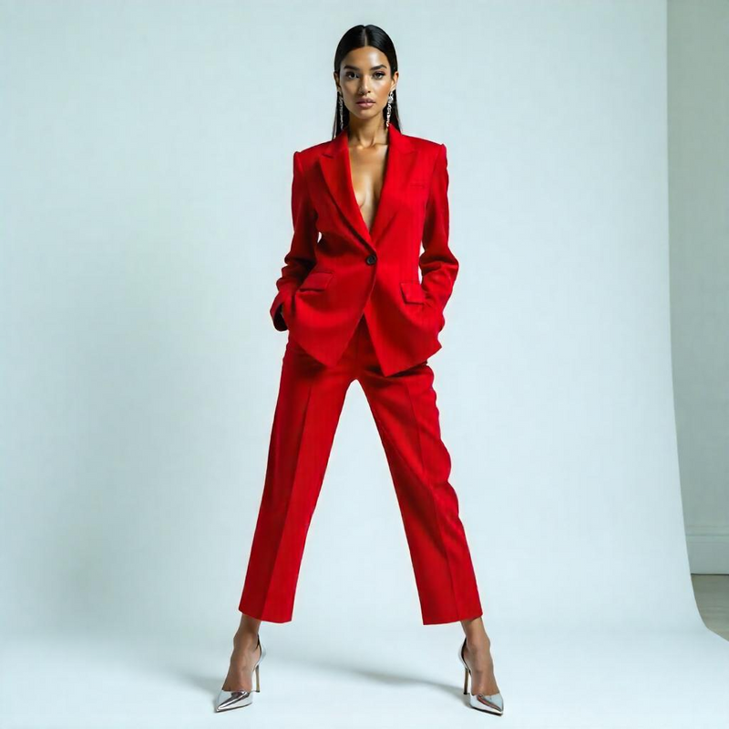 Woman wearing a red suit against a white background