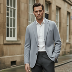 Model in Fitted Light Blue Cashmere Blazer