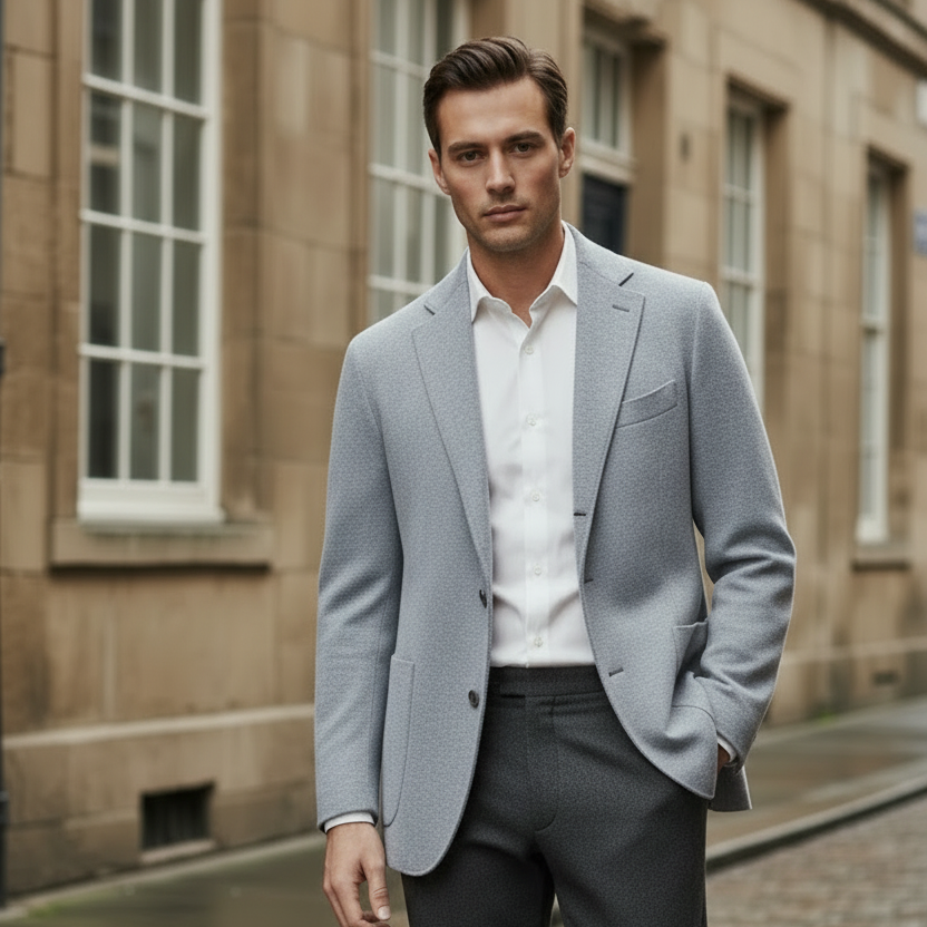 Model in Fitted Light Blue Cashmere Blazer