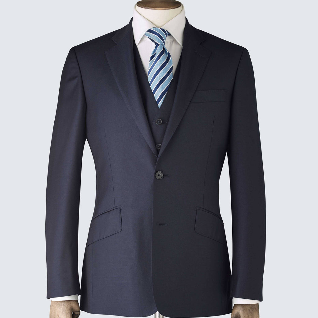 A navy blue three-piece suit with a jacket, waistcoat, and trousers, displayed on a mannequin.