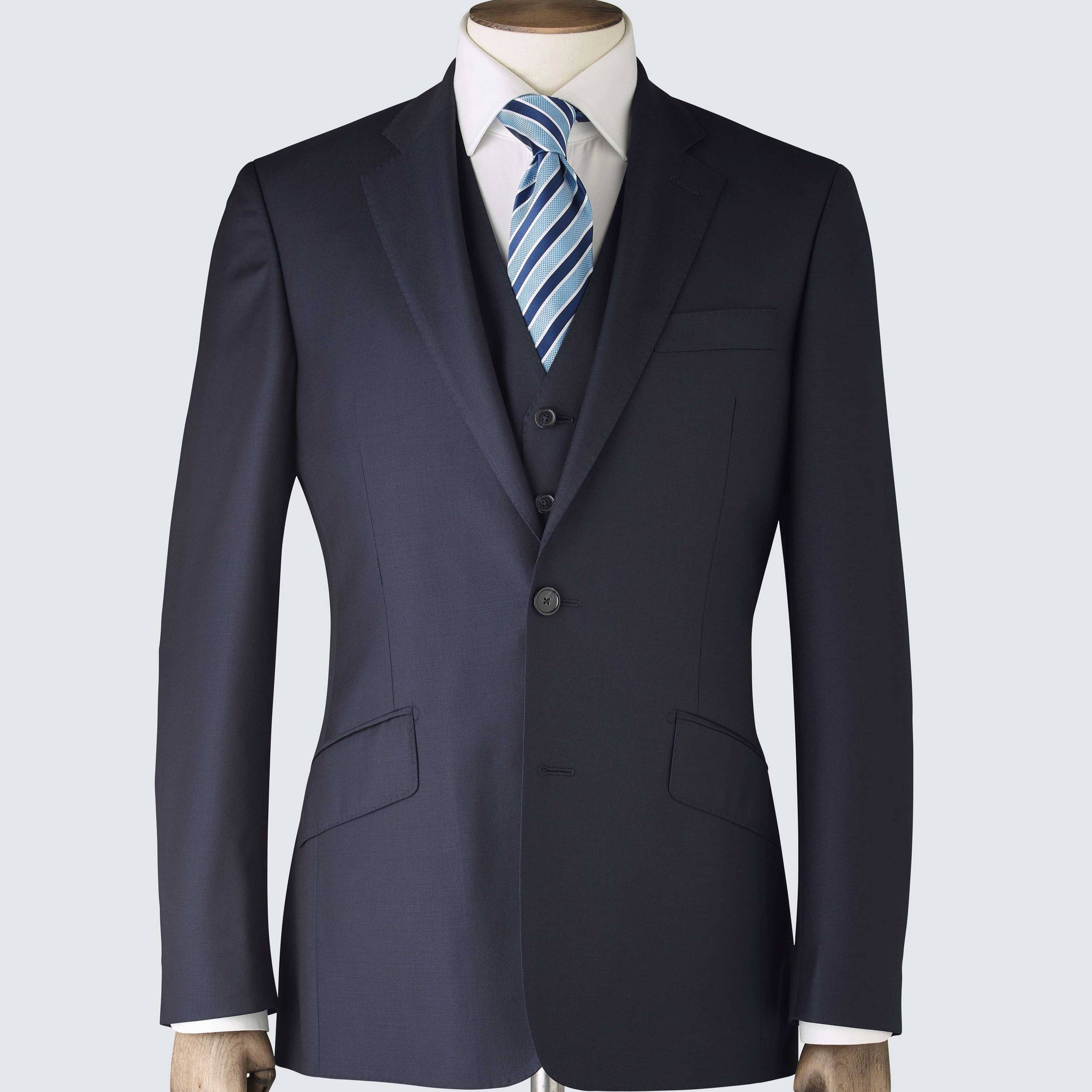 A navy blue three-piece suit with a jacket, waistcoat, and trousers, displayed on a mannequin.
